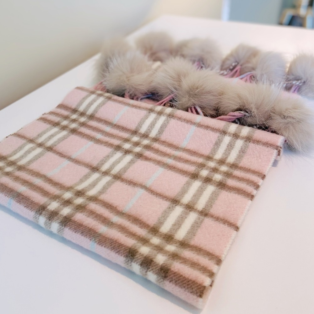 Burberry Pink Plaid Cashmere Fox Fur Pom Poms Scarf